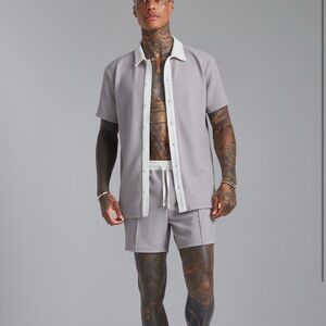 Textured Gray and White Short Sleeve Shirt and Shorts Set